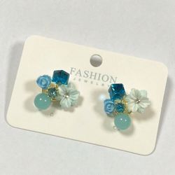 Green Flower Earrings With Different Color Blue And Green Jems 