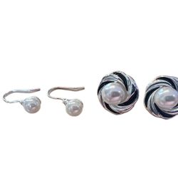 2 pairs faux pearl earrings, dainty dangle w/ rhinestone and silver & black stud