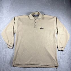 Vintage 90s No Fear Polo Button Shirt Men’s L Beige Long Sleeve Y2K Surf #5A