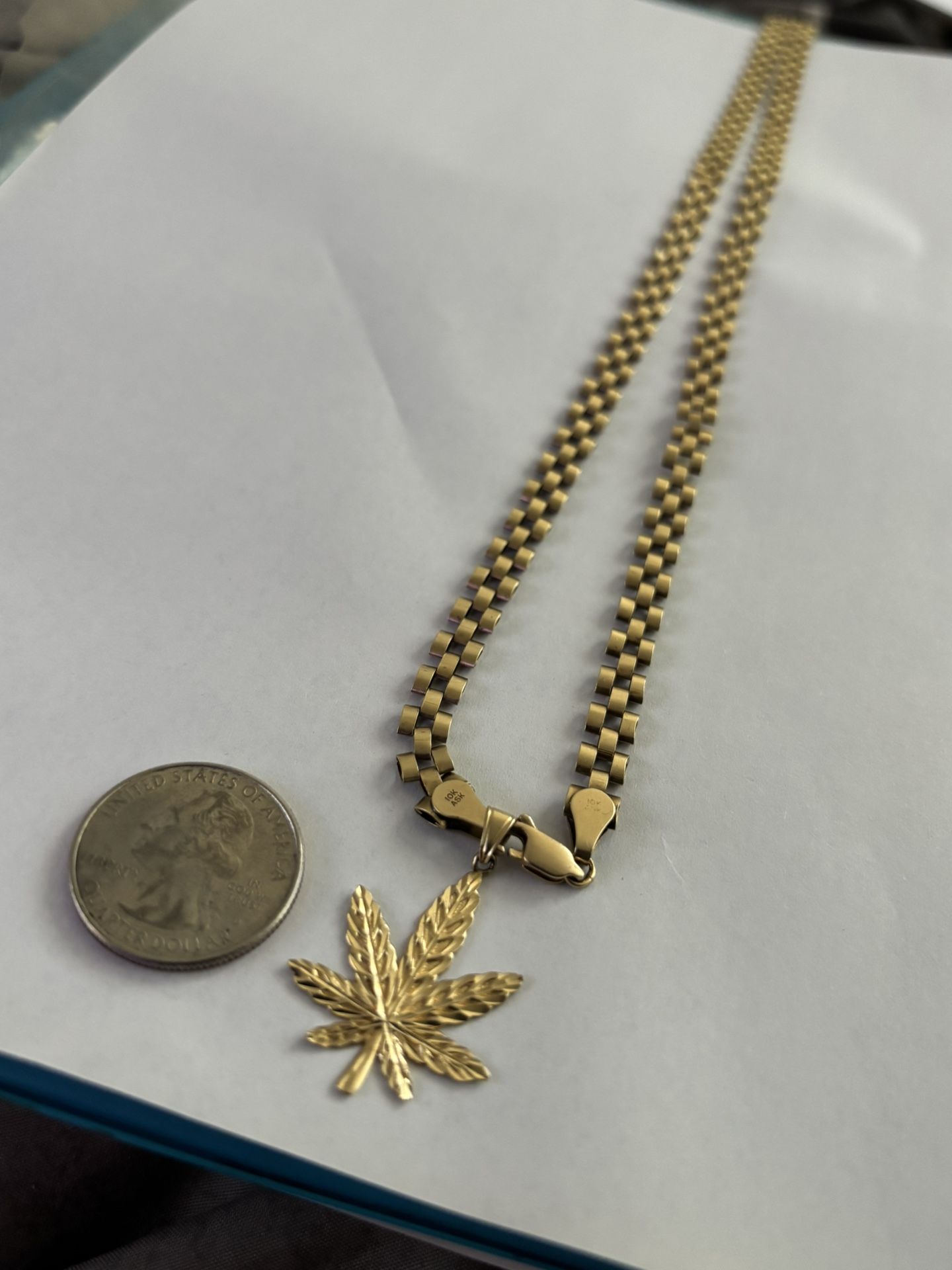 10k Gold Rolex Chain With 10k Gold Marijuana Pendant 20grams Total 6mm