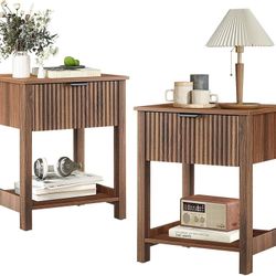Nightstand Set of 2 with Drawer, Mid Century Modern Nightstand for Bedroom, Fluted End Table with Storage for Living Room, Couch Sofa, Bedside, Office