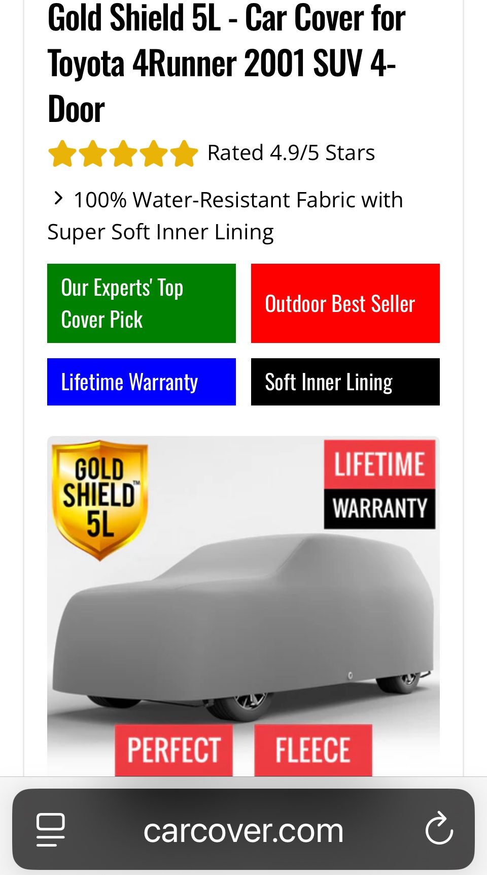 Gen 3 Toyota 4Runner Car Cover 96, 97, 98, 99, 00, 01, 02