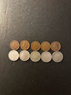 Coins - Indian pennies (5 different dates) and Liberty V Nickels (5 different dates) – Total 10 Coins