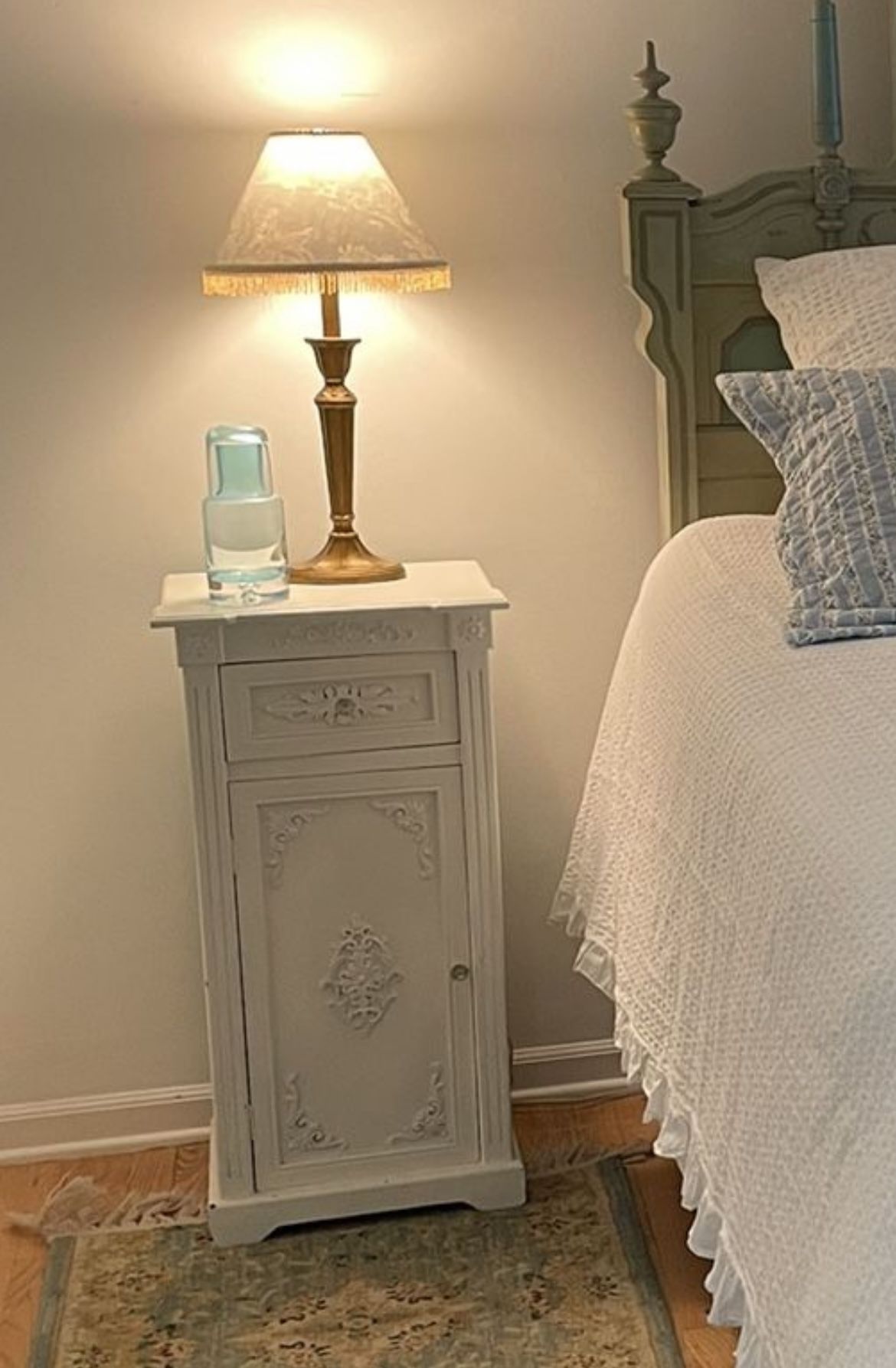 Two For 35.00 Night Stands/ Pair Of Ornate Bedroom Tables Painted White Drawer And Shelf Storage