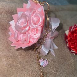 🌹 Handmade Mini Ribbon Rose Keychain Bouquet – Cute & Unique Gift! 🌸