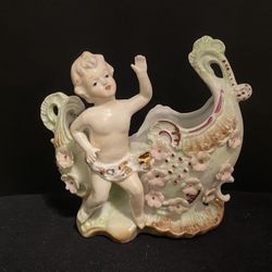 Vintage porcelain cherub boat Angel Figurine Planter Green Gilt Pink Flowers Gold
