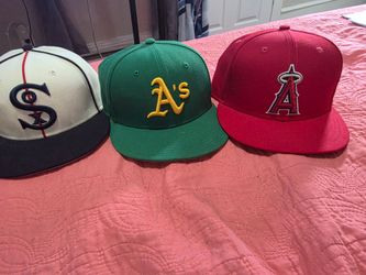 Cooperstown Angels fitted 7 1/4, A's Kelly green 7 1/4, Cooperstown white Sox 7 1/4