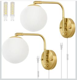 Dimmable Wall Sconces Plug in, Swing Arm Wall Lights with Plug in Cord and Dimmer On/Off Knob Switch, Dimmable Wall Light with Milky White Glass Globe