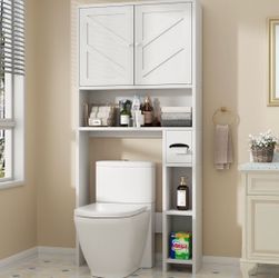 65.4" Barn Doors Bathroom Cabinet with Toilet Paper Holder, Over the Toilet Storage Cabinet, Bathroom Shelf Organizer, Adjustable Shelf and Anti-Tip D