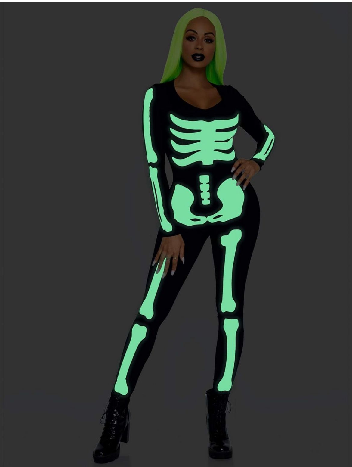 Brand New Halloween Women’s Glow in The Dark Skeleton Bodysuit Halloween Costume (Size = Small)