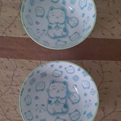 Japanese ceramic Maneki Neko Lucky Cat bowls (2)