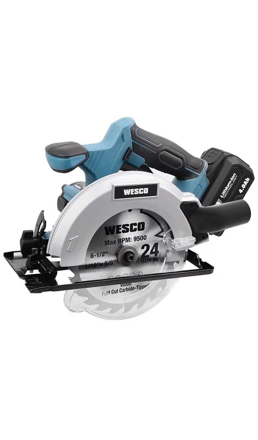WESCO 20V MAX 6-1/2-Inch Cordless Circular Saw With 4.0Ah Lithium-Ion Battery, 2 Blades, Vacuum Adaptor. Max Cutting Depth 2-1/8''(90°), 1-1/2''(0°-45