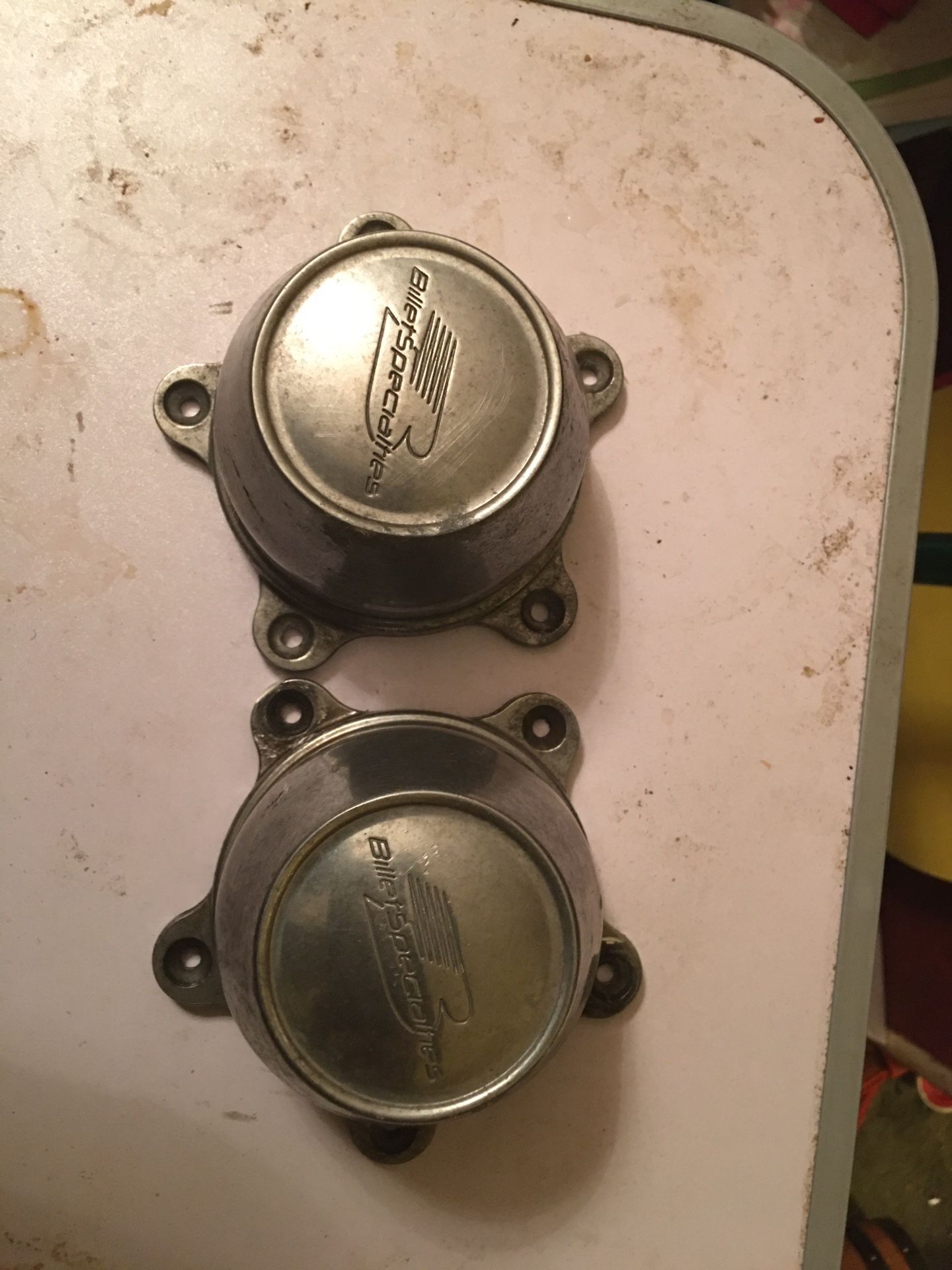 2-BILLET SPECIALTIES CENTER CAPS USED IN GOOD CONDITION FOR BILLET RIMS $20.00