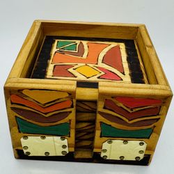 Square Wooden Coaster Set 6 w Storage Box, Silver Accents Vtg. MAROC Hand-carved