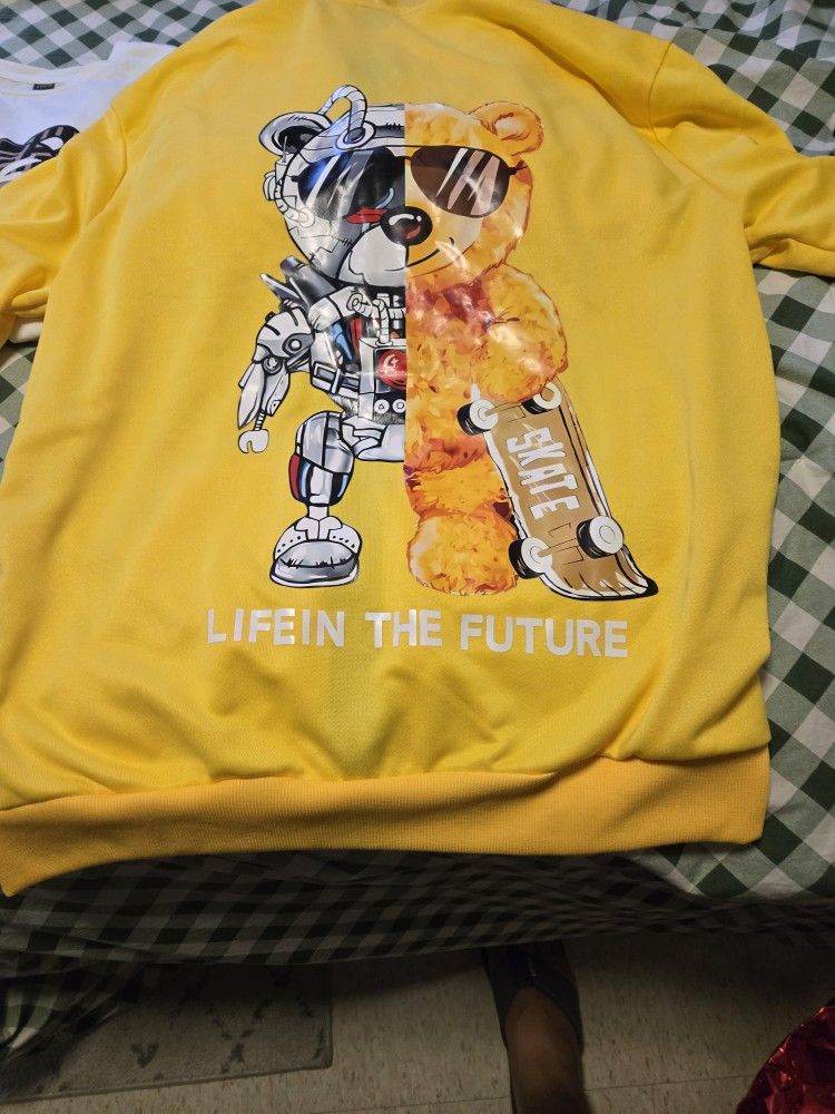 Cream Color Pullovers. White Tee. & Yellow Zippup Jacket With Skate Board Teddy Bear