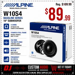 Alpine W10S4 Bass Line Series 10" Subwoofer 4-Ohm 750 Watts 🚨 Payment Options Available 🚨 No Credit Needed 🚨