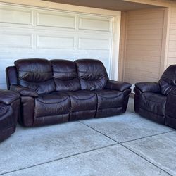 Comfy Real Leather Couch/Sofa + Loveseat + Chair with Recliners | FREE DELIVERY