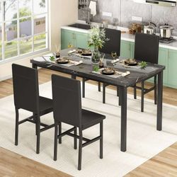 5-Peice Dining Table Set, Faux Marble Dining Room Table and Chairs Set, Rectangle Kitchen Table Set with Durable Metal Frame and Upholstered Chairs, f