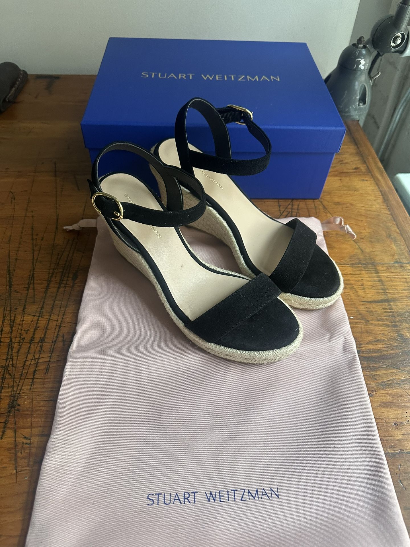STUART WEITZMAN Women's Teddi Espadrille Wedge Sandals Black Suede Orig $395 Sz7