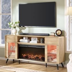 70" Fireplace TV Stand for TVs up to 80" , Entertainment Center with 36" Electric Fireplace, Natural Oak