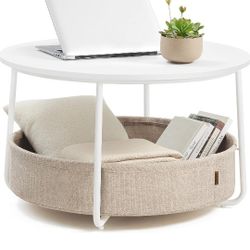 VASAGLE LILEA Collection - Coffee Table with Storage, Round Center Table for Living Room with Fabric Basket, Modern Style, Metal Frame, Matte White an