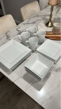 White dishes 4 large plates 4 small plates 4 bowls and 4 coffee mugs in perfect condition very heavy firm price $20