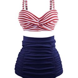 1940s Striped Colorblock Retro Bikini Set - Red/White/Blue / (S)