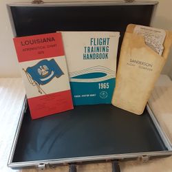 Vintage Airline Pilot Briefcase With 1965 Flight Traing Book, 1975 Lousiana aeronatical Chart, Sanderson Flight Computer 