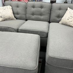 Brand New Light Grey Linen Sectional Sofa +Ottoman (New In Box) 