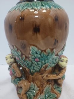 Majolica Monkey and Tree Ceramic Vase