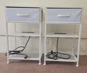 Side Table / Nightstand Set of 2 — Charging Station + Fabric Drawer + USB Ports