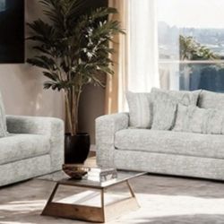 Brand New Grey Super Plush Chenille Sofa & Chair (Pillows Included)