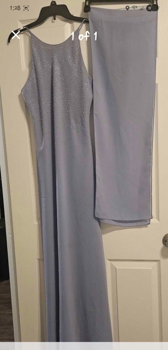 Periwinkle Chiffon Long Formal Gown With Shawl