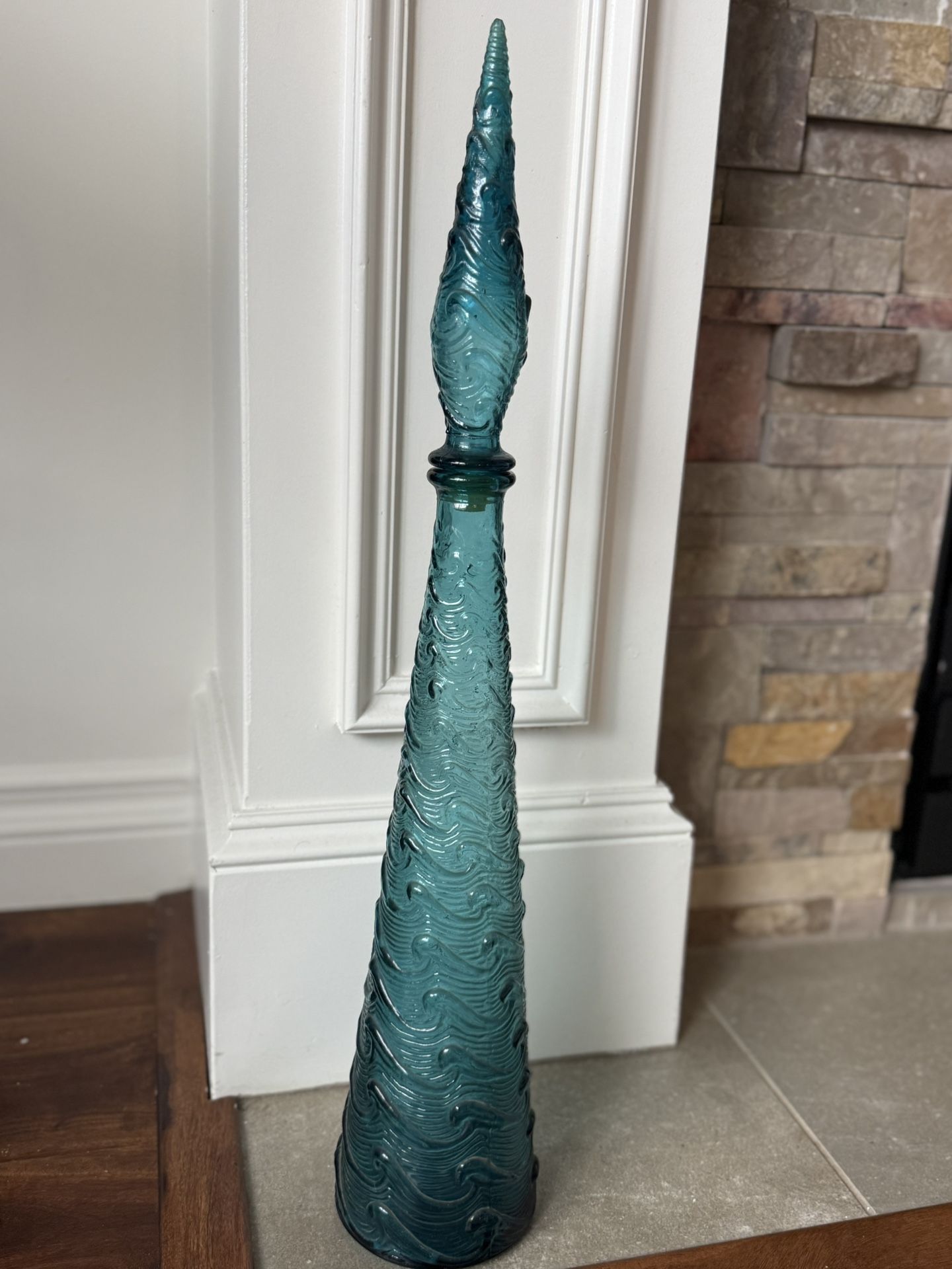 Vintage Teal Italian Empoli Glass Vase with Stopper – Wave Pattern – 23” Tall – Good Condition