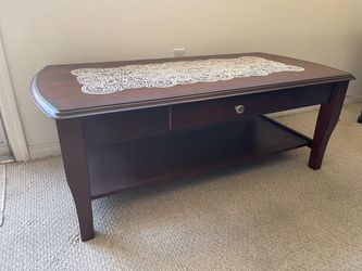 Dark Wood Coffee Table with Drawer and Shelf