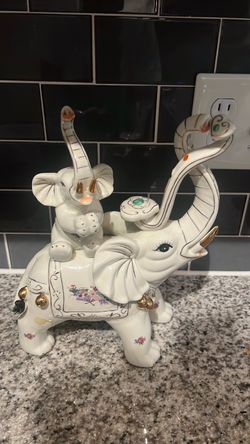 Ceramic Elephant Figurine with Baby