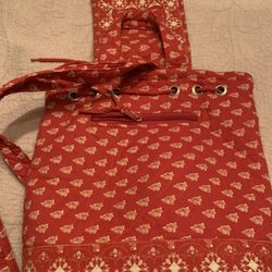 Backpack   back straps carrying handle rear zipper compartment at back inside divider, drawstring, 100 % cotton machine washable 