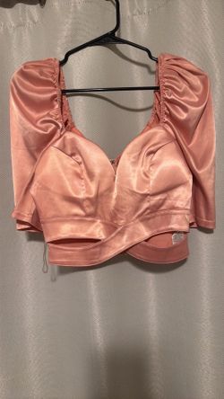 pink satin puff-sleeve crop top