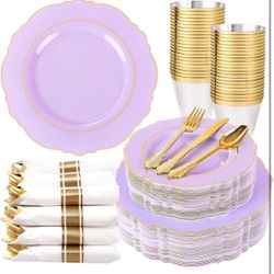 350PCS Purple Plastic Plates - Disposable Light Purple and Gold Plates 50guest Baroque Plastic Dinnerware include 100Plates, 50Pack Pre Rolled Napkins