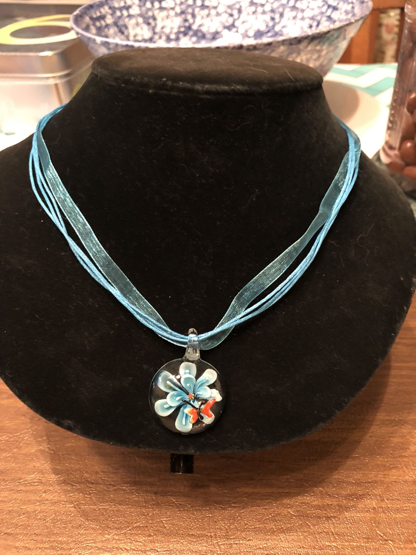 Blue Glass Flower And Butterfly Pendant Necklace