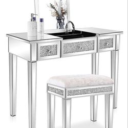 Mirrored Vanity Desk with Flip Top Mirror, Makeup Dressing Table with Sparking Diamonds, Silver 


