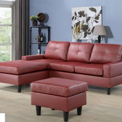 Brand New Red Leather Sectional With A Reversible Chaise & Matching Footrest