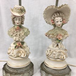 Vintage Victorian Porcelain Lace Dressed Figurine Lamps