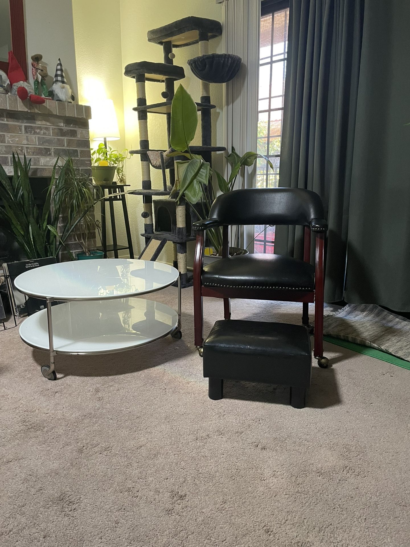 Vintage IKEA Round White Glass Coffee Table , Black Leather Cherry Wood Oak Chair And Foot Stool.