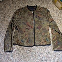Vintage 90s Khanguru Green Floral Tapestry Classic Blazer Jacket Size XS