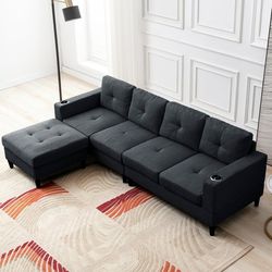 4 Seat Reversible Sectional Sofa, L-Shape Sofa Couches, Convertible Sectional Couch with Reversible Chaise, Modular Sectional Couch
