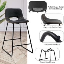 High Chairs for Kitchen Bar Set of 2 Industrial Modern Barstool Faux Leather Counter Stools,Mid Century Leather Bar Stools,Farmhouse Low Back Tall Cha