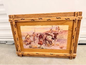 Vintage C M Russell Indian 1908 Wood Plaque Print Rustic Western Wall Art 21x16