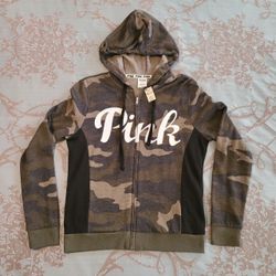 Victoria's Secret PINK Full Zip Fleece Hoodie Green Camo Size Small