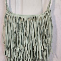 Mint Faux Leather Fringe Purse 44 inch Fixed Strap Zipper Closure 